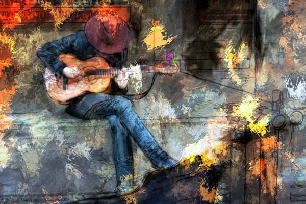 Artistic graphic of a guitar player for Guitar Chord Namer project