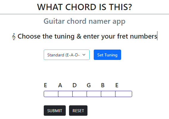 Screenshot of the input form used to calculate the chord name