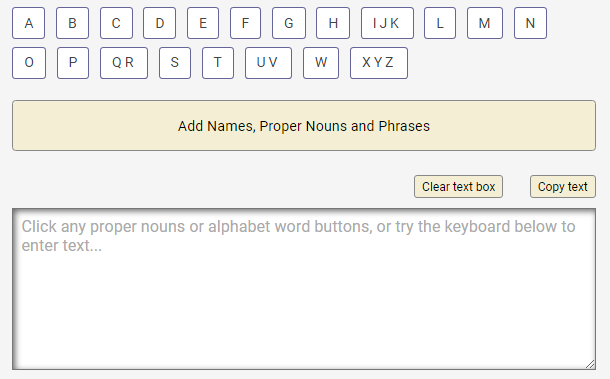 Screenshot of the of the alphabet buttons, Proper Nouns accordian and textarea